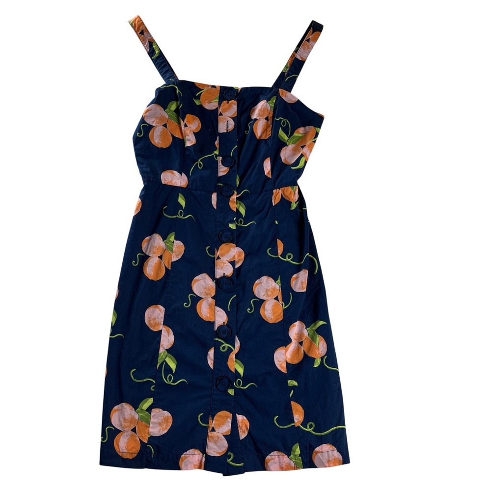 ModCloth Peach Print Sundress Navy Cotton A-Line Button Front Strappy Size 4